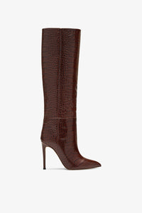 Bottes stiletto en cuir effet croco marron chocolat