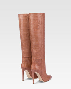 Botas hasta la rodillade punta fina en suave piel color rosa Texas efecto cocodrilo