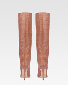 Botas hasta la rodillade punta fina en suave piel color rosa Texas efecto cocodrilo