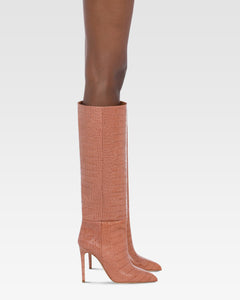 Botas hasta la rodillade punta fina en suave piel color rosa Texas efecto cocodrilo