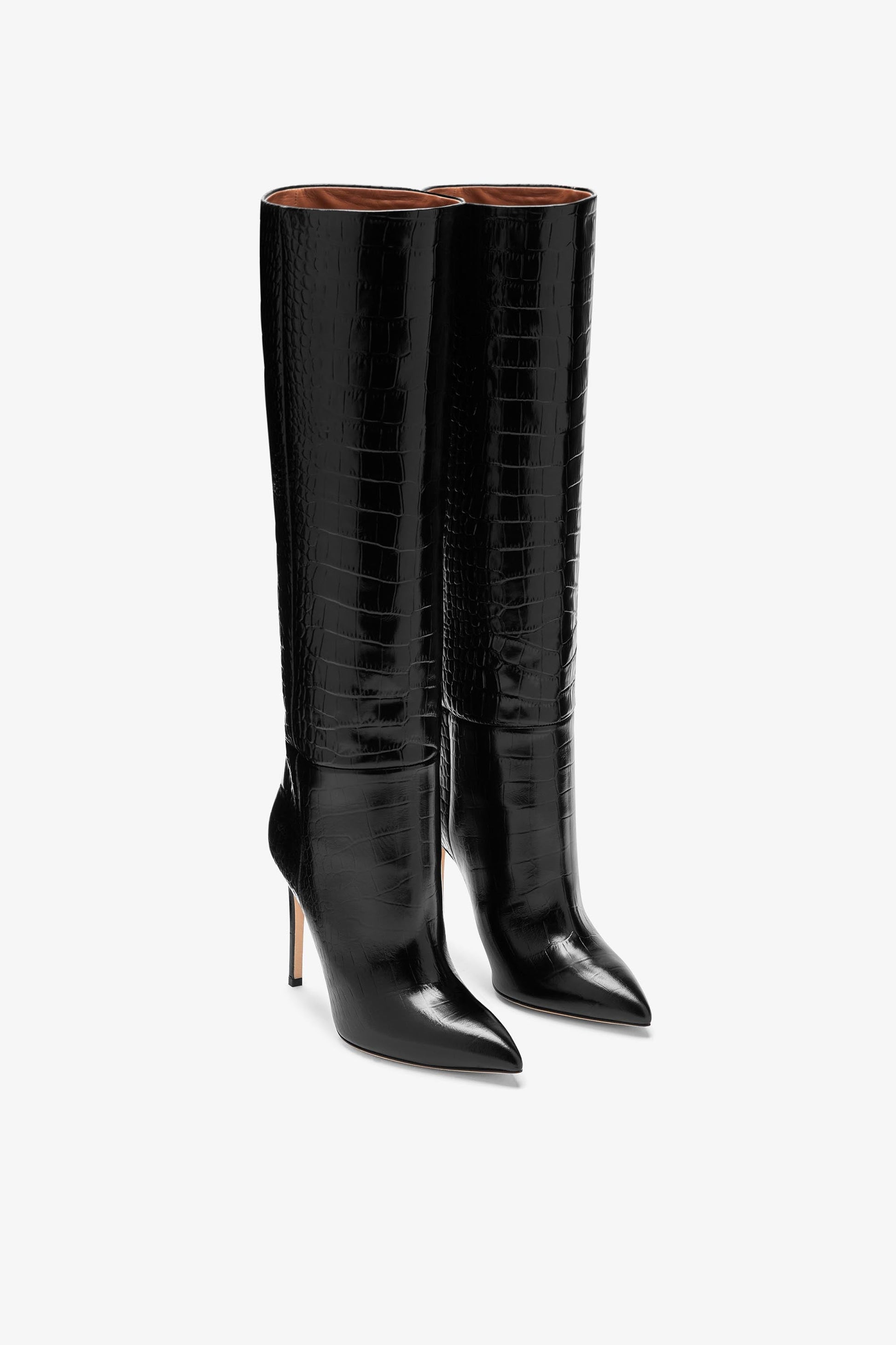 Stiletto-Stiefel aus schwarzem Leder in Kroko-Optik