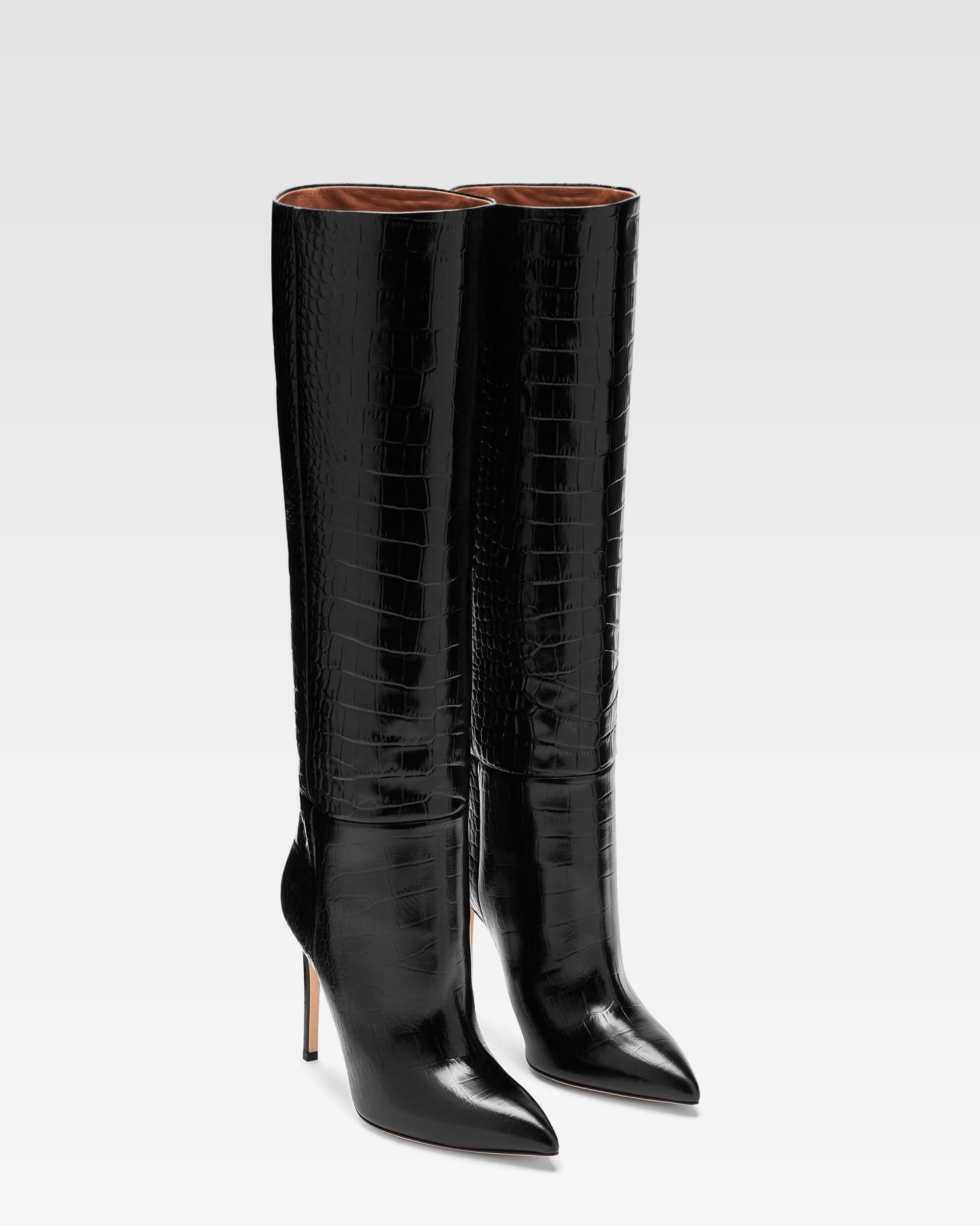 Stivale tacco a spillo in pelle stampa cocco nero