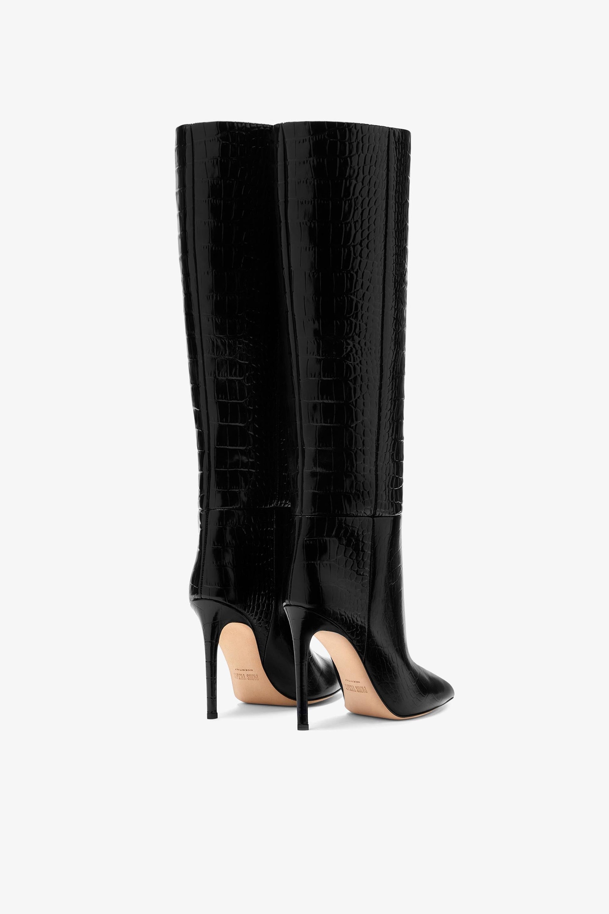 Black croc-effect leather stiletto boots