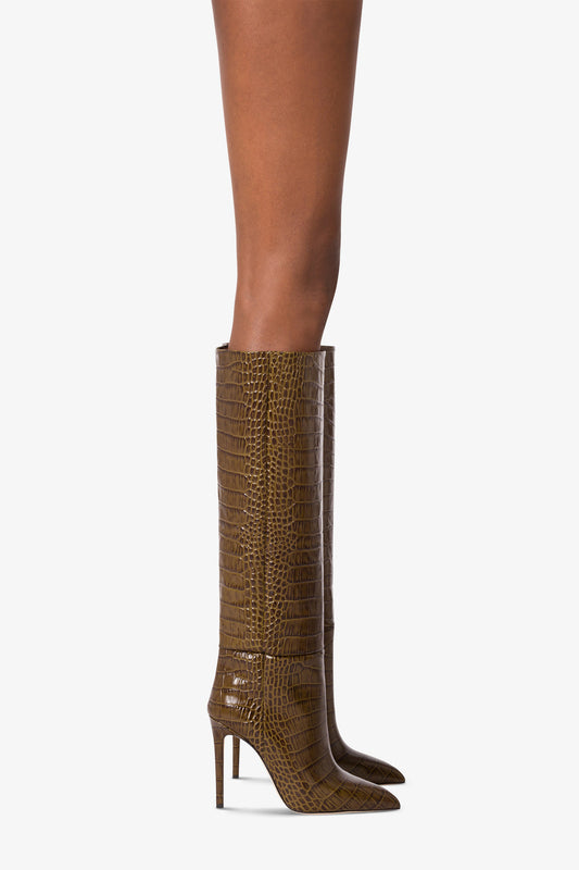 Bottes en cuir gaufre facon croco couleur safari