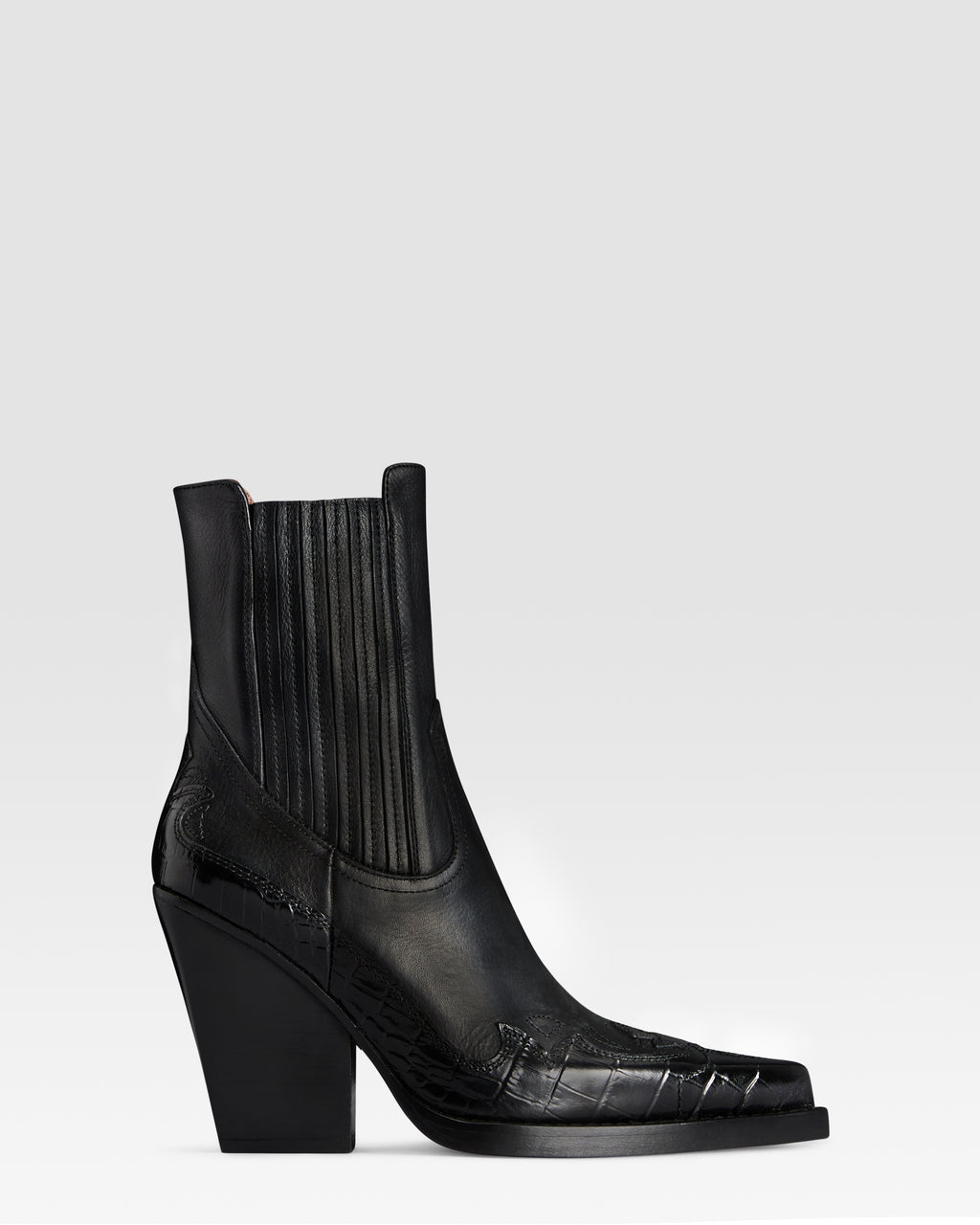 LEATHER WESTERN ANKLE BOOT WITH CROCO-PRINT EMBROIDERY