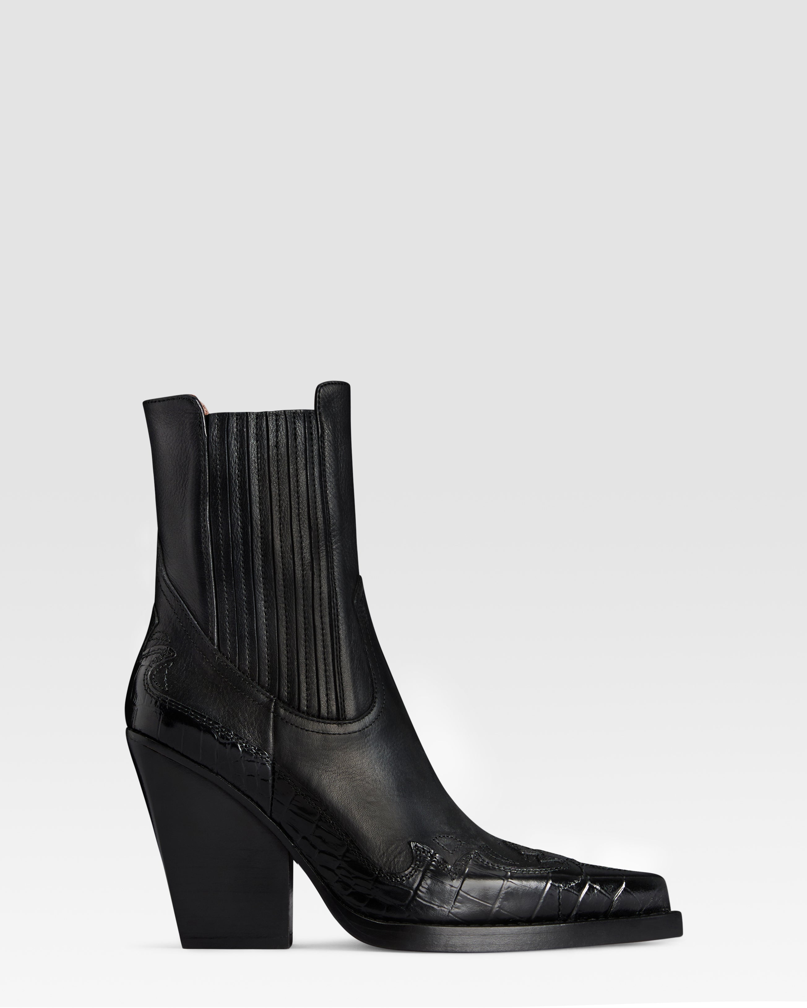 LEATHER WESTERN ANKLE BOOT WITH CROCO-PRINT EMBROIDERY