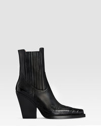 LEATHER WESTERN ANKLE BOOT WITH CROCO-PRINT EMBROIDERY — CARBONE