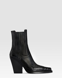 LEDEREN WESTERN ANKLE BOOT MET KROKODILLENPRINT BORDUURWERK — CARBONE