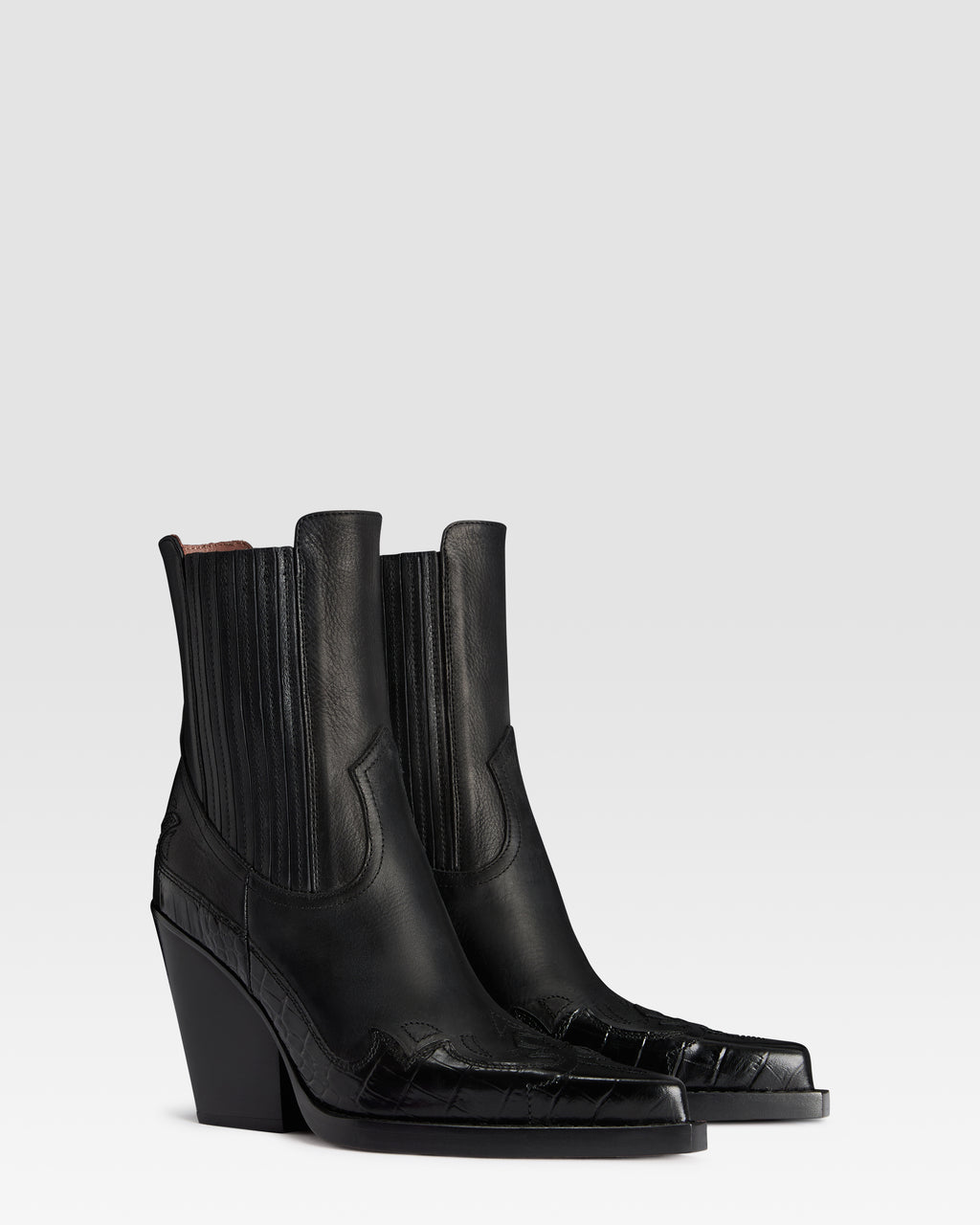 LEATHER WESTERN ANKLE BOOT WITH CROCO-PRINT EMBROIDERY