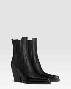 LEATHER WESTERN ANKLE BOOT WITH CROCO-PRINT EMBROIDERY