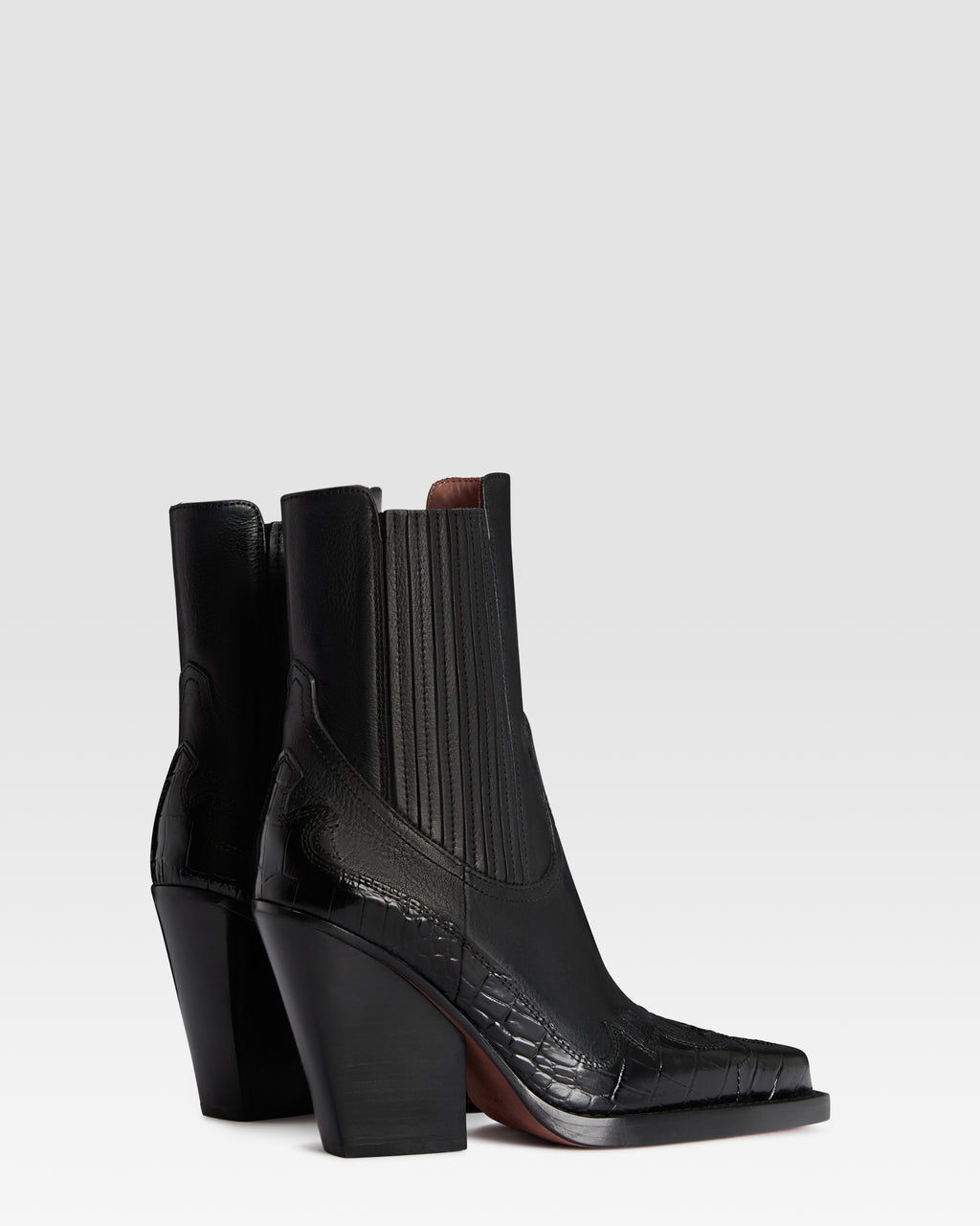 LEATHER WESTERN ANKLE BOOT WITH CROCO-PRINT EMBROIDERY
