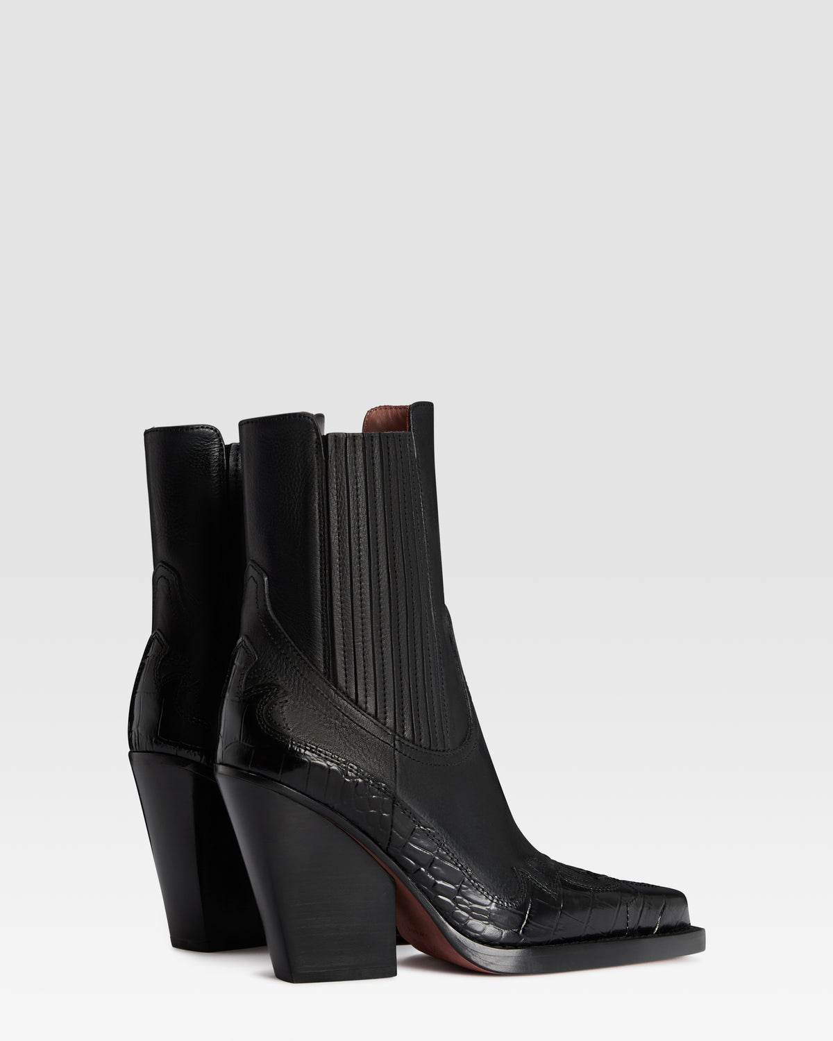 LEATHER WESTERN ANKLE BOOT WITH CROCO-PRINT EMBROIDERY