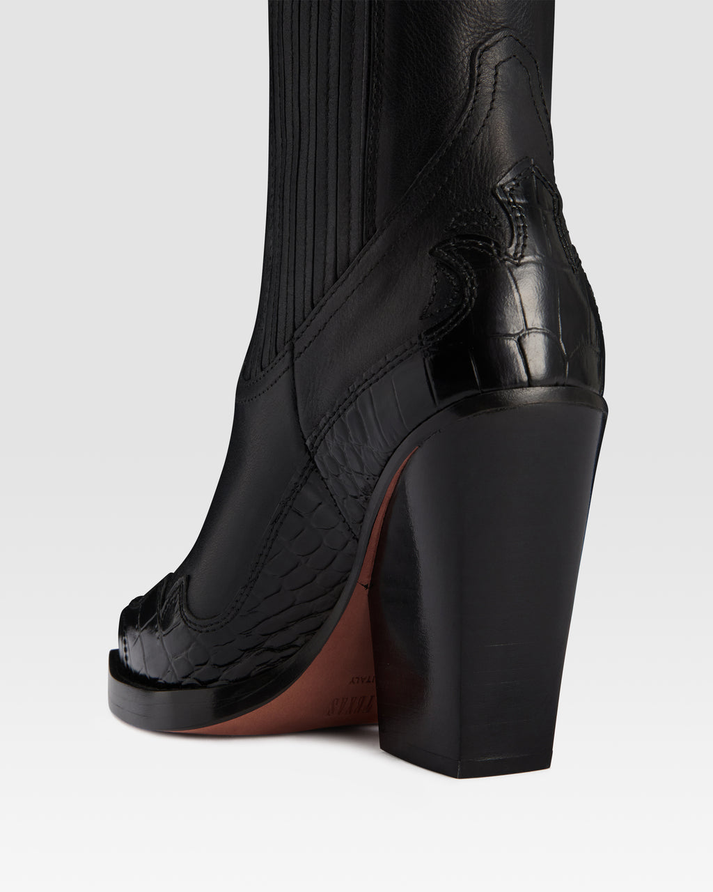 LEATHER WESTERN ANKLE BOOT WITH CROCO-PRINT EMBROIDERY