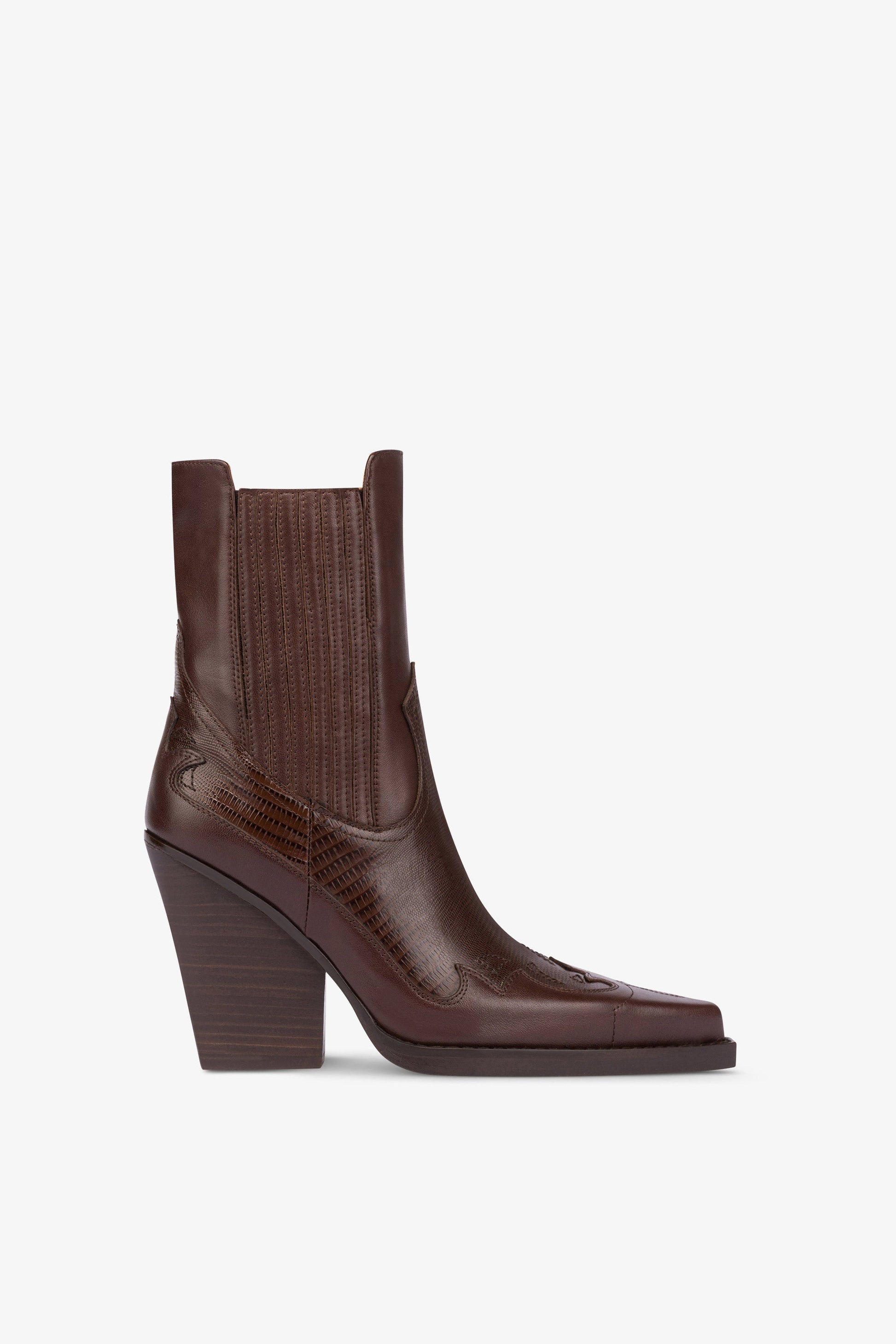 Pointed ankle boots in chocolate and mocha lizard-printed leather