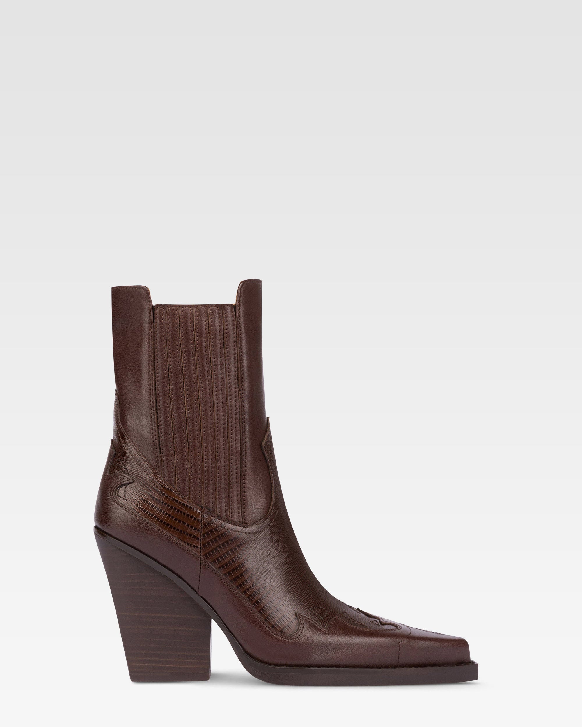 Pointed ankle boots in chocolate and mocha lizard-printed leather