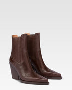 Pointed ankle boots in chocolate and mocha lizard-printed leather