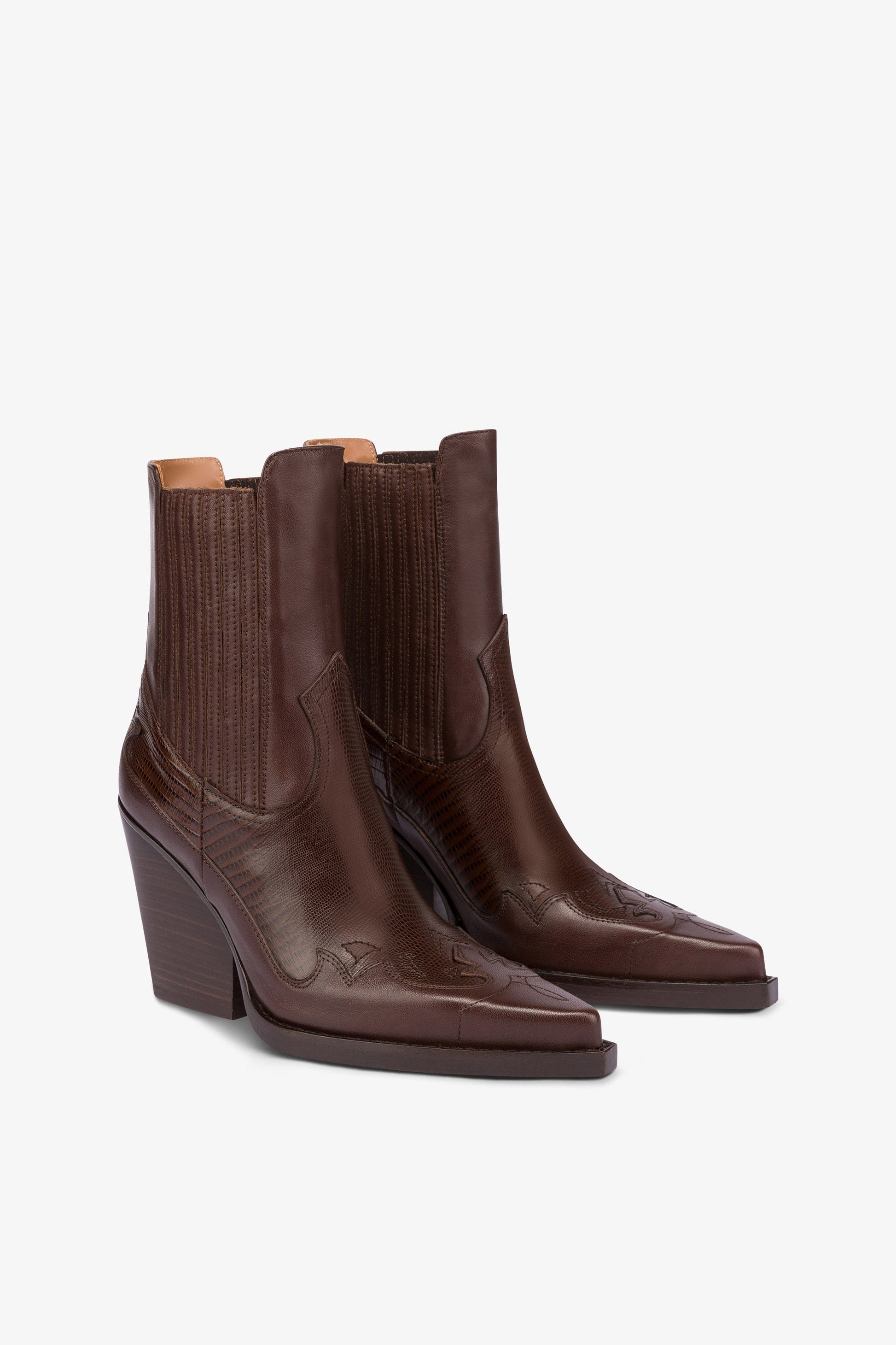 Bottines pointues en cuir imprime lezard chocolat et moka