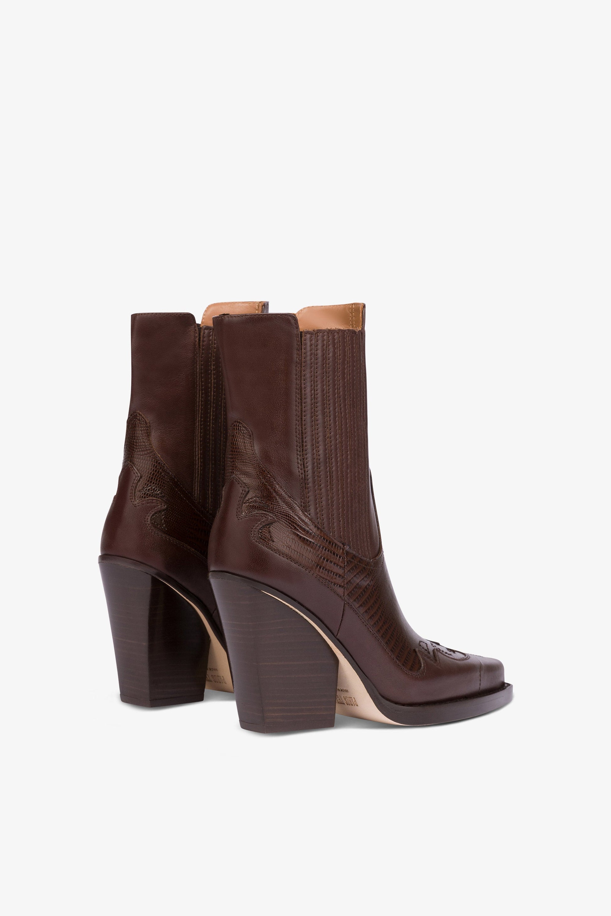 Bottines pointues en cuir imprime lezard chocolat et moka