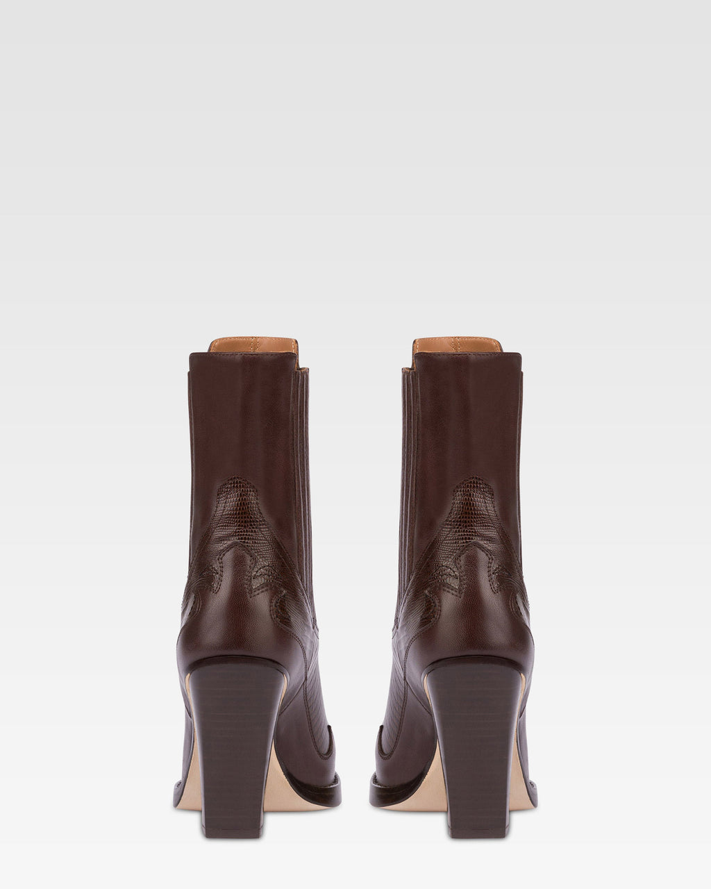Pointed ankle boots in chocolate and mocha lizard-printed leather