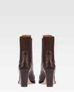 Pointed ankle boots in chocolate and mocha lizard-printed leather