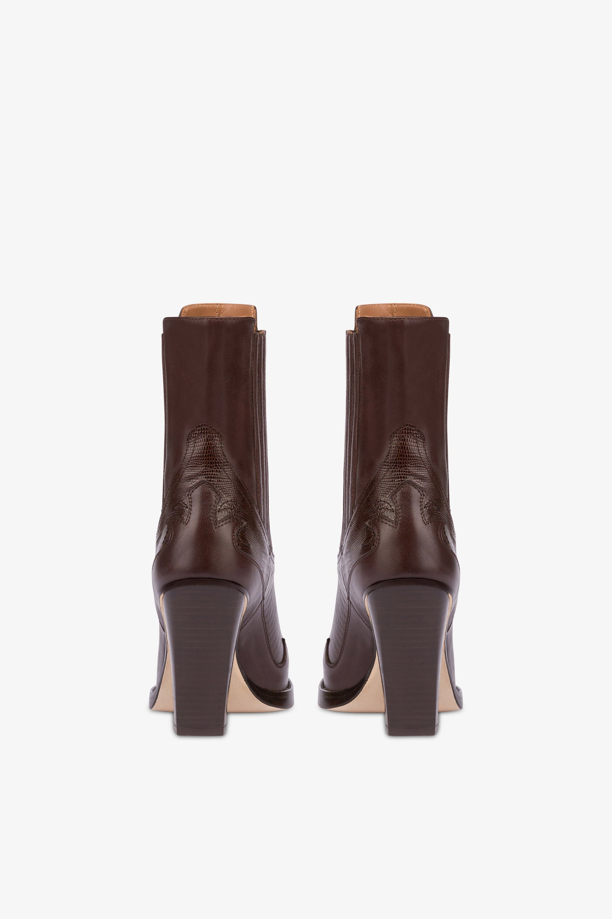 Pointed ankle boots in chocolate and mocha lizard-printed leather