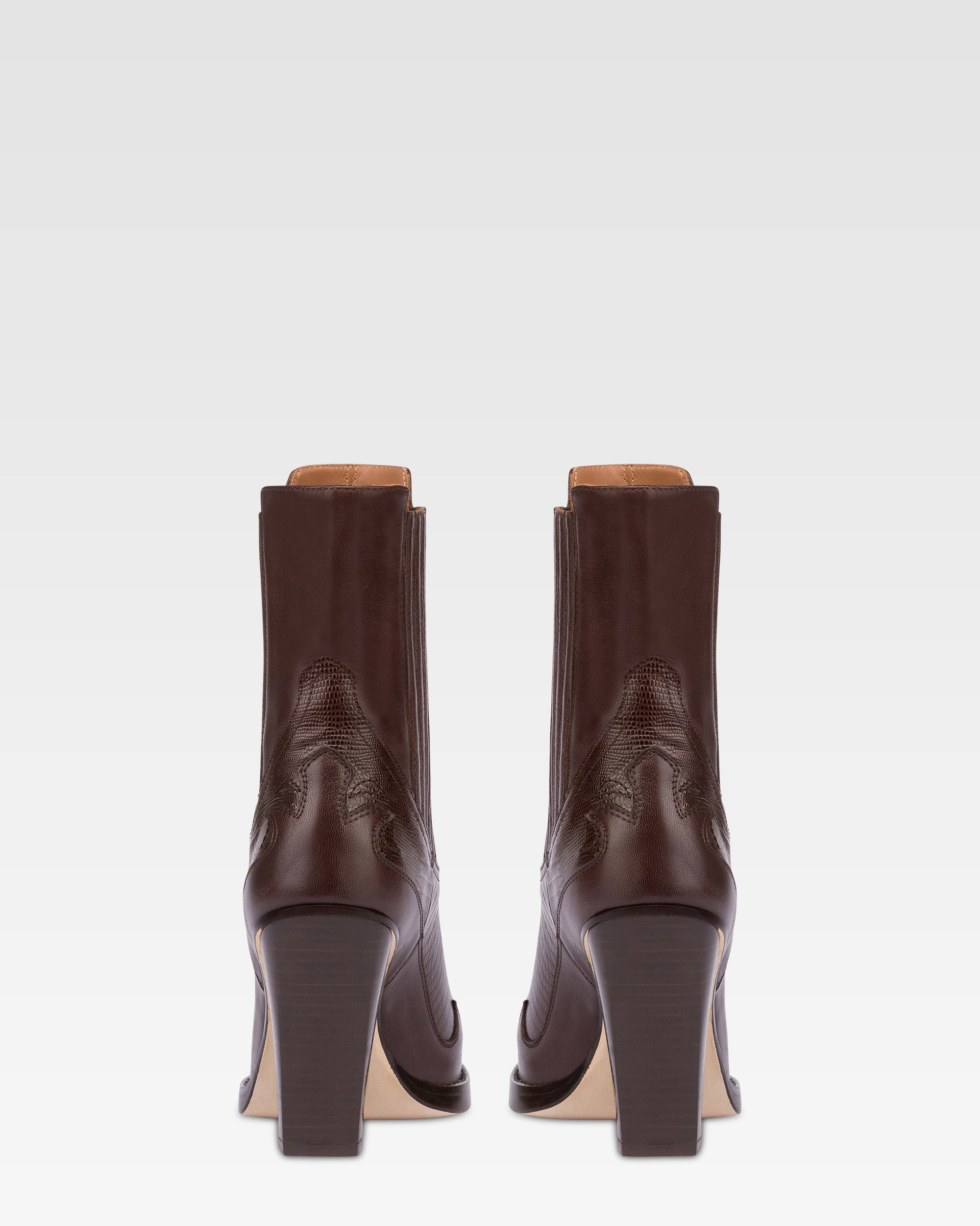Pointed ankle boots in chocolate and mocha lizard-printed leather