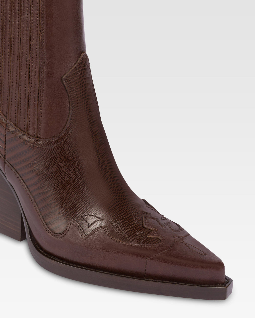 Pointed ankle boots in chocolate and mocha lizard-printed leather