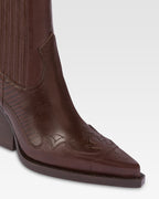 Pointed ankle boots in chocolate and mocha lizard-printed leather