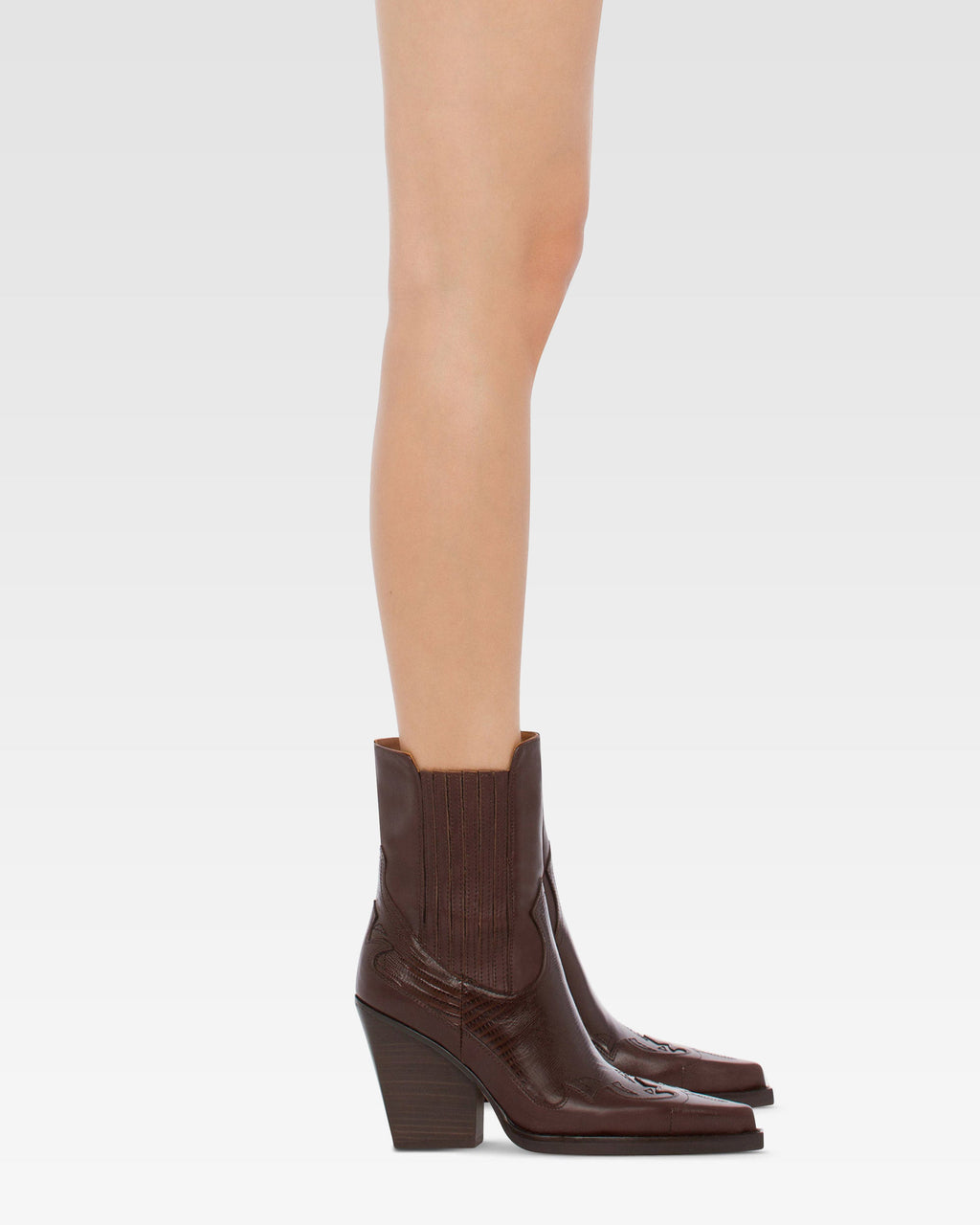 Pointed ankle boots in chocolate and mocha lizard-printed leather