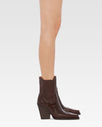 Pointed ankle boots in chocolate and mocha lizard-printed leather