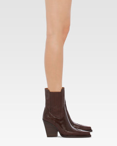 Pointed ankle boots in chocolate and mocha lizard-printed leather
