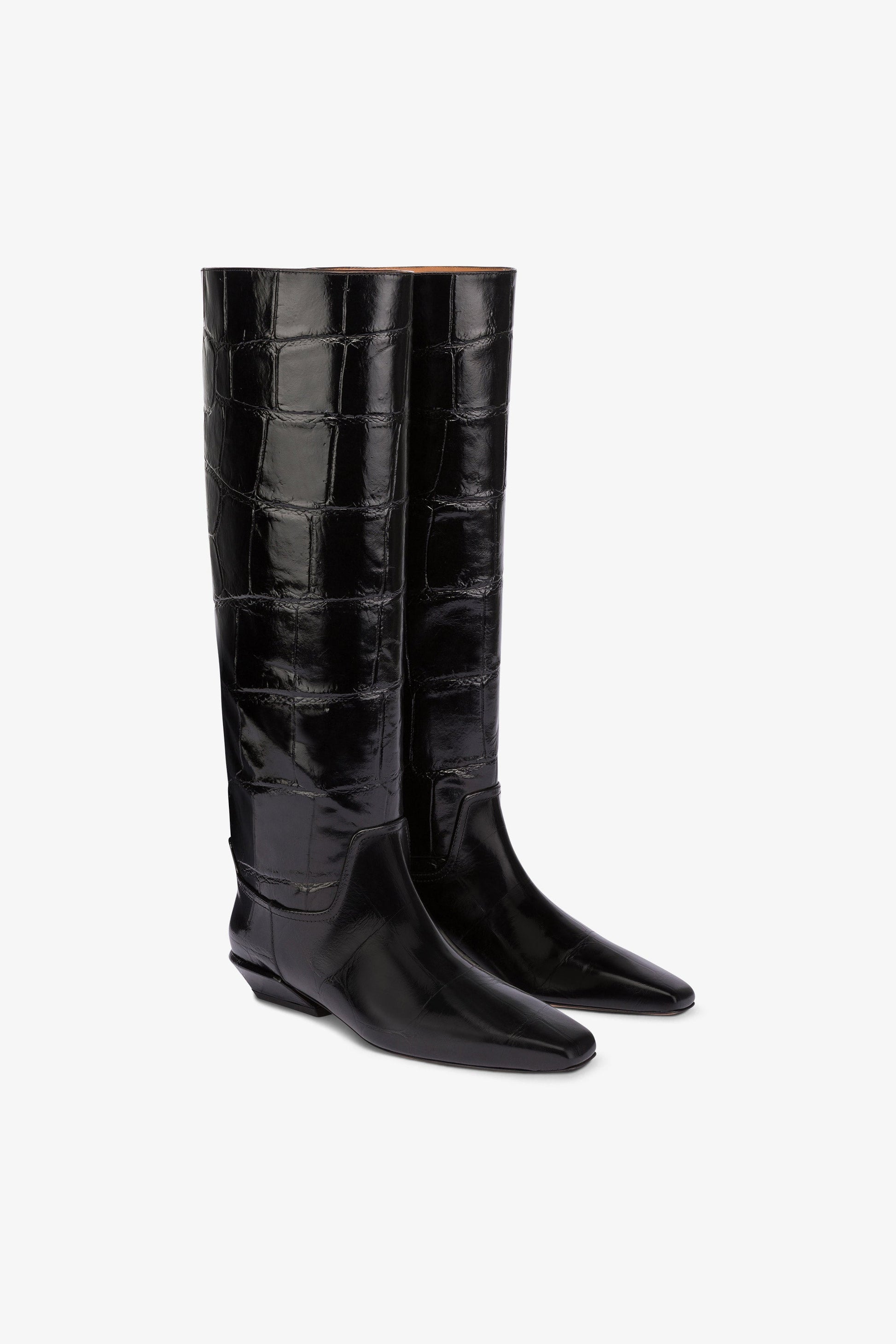 Knee-high boots in black maxi croco-embossed leather