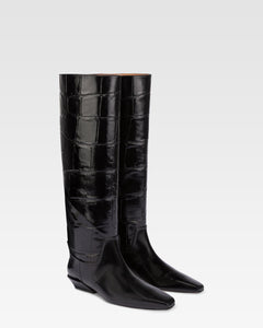 Knee-high boots in black maxi croco-embossed leather