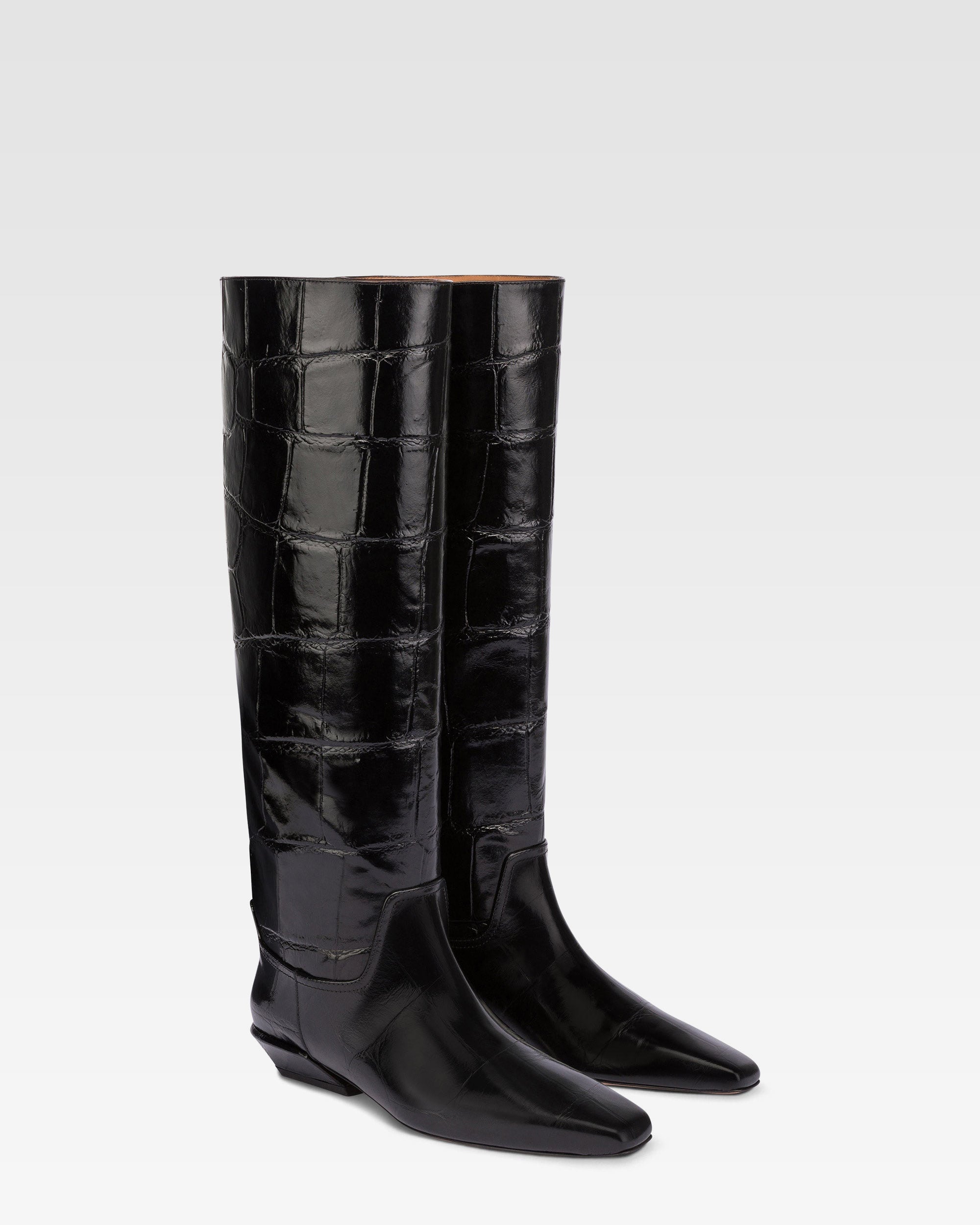 Knee-high boots in black maxi croco-embossed leather