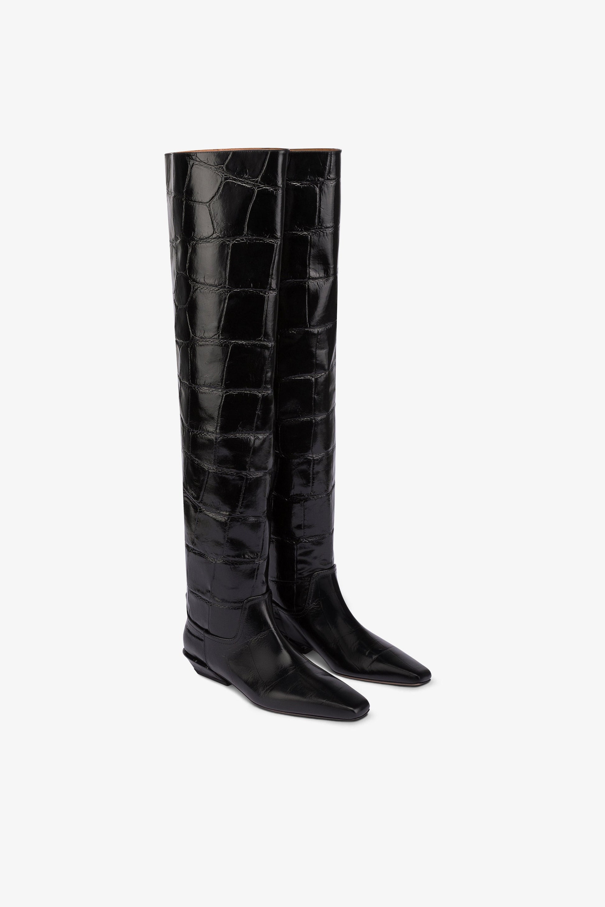 Over-the-knee boots in black croco-embossed leather