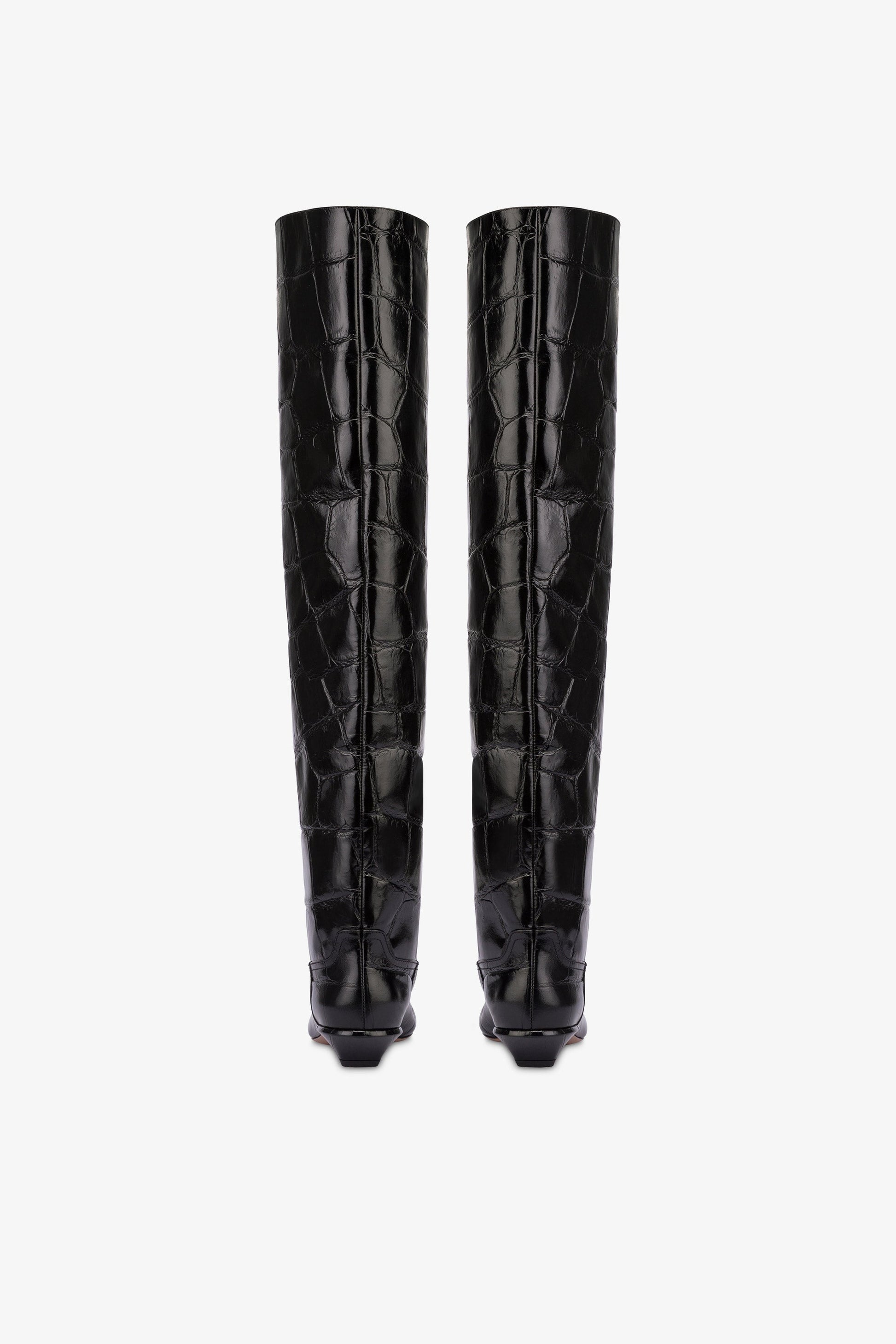 Over-the-knee boots in black croco-embossed leather