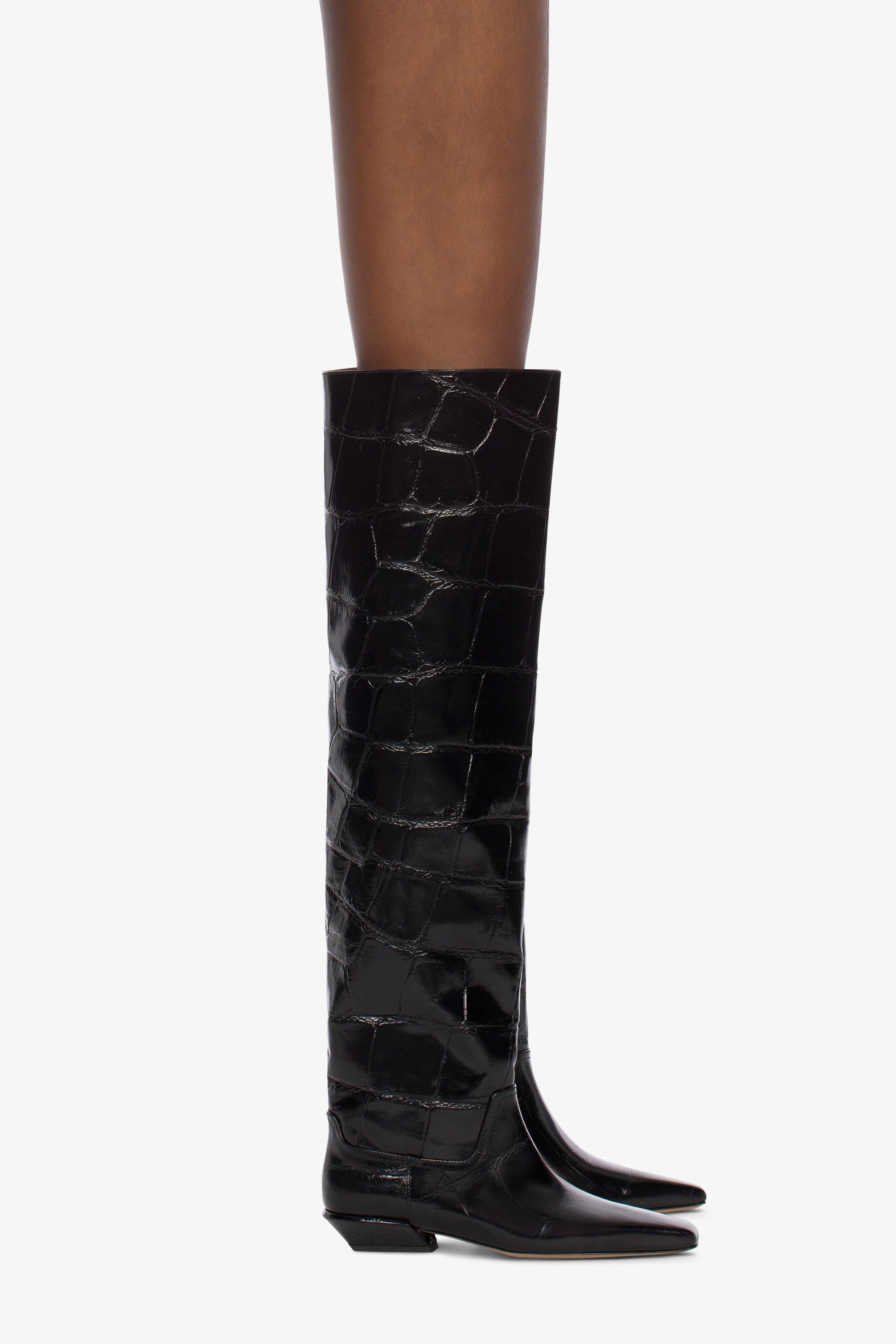 Over-the-knee boots in black croco-embossed leather - Product worn