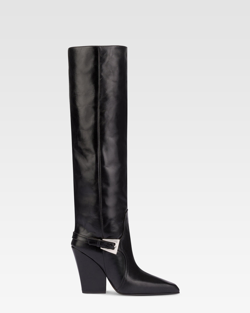 Tall, knee-high boots in shiny black vintage leather
