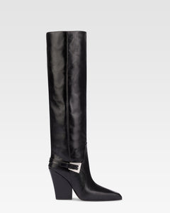 Tall, knee-high boots in shiny black vintage leather