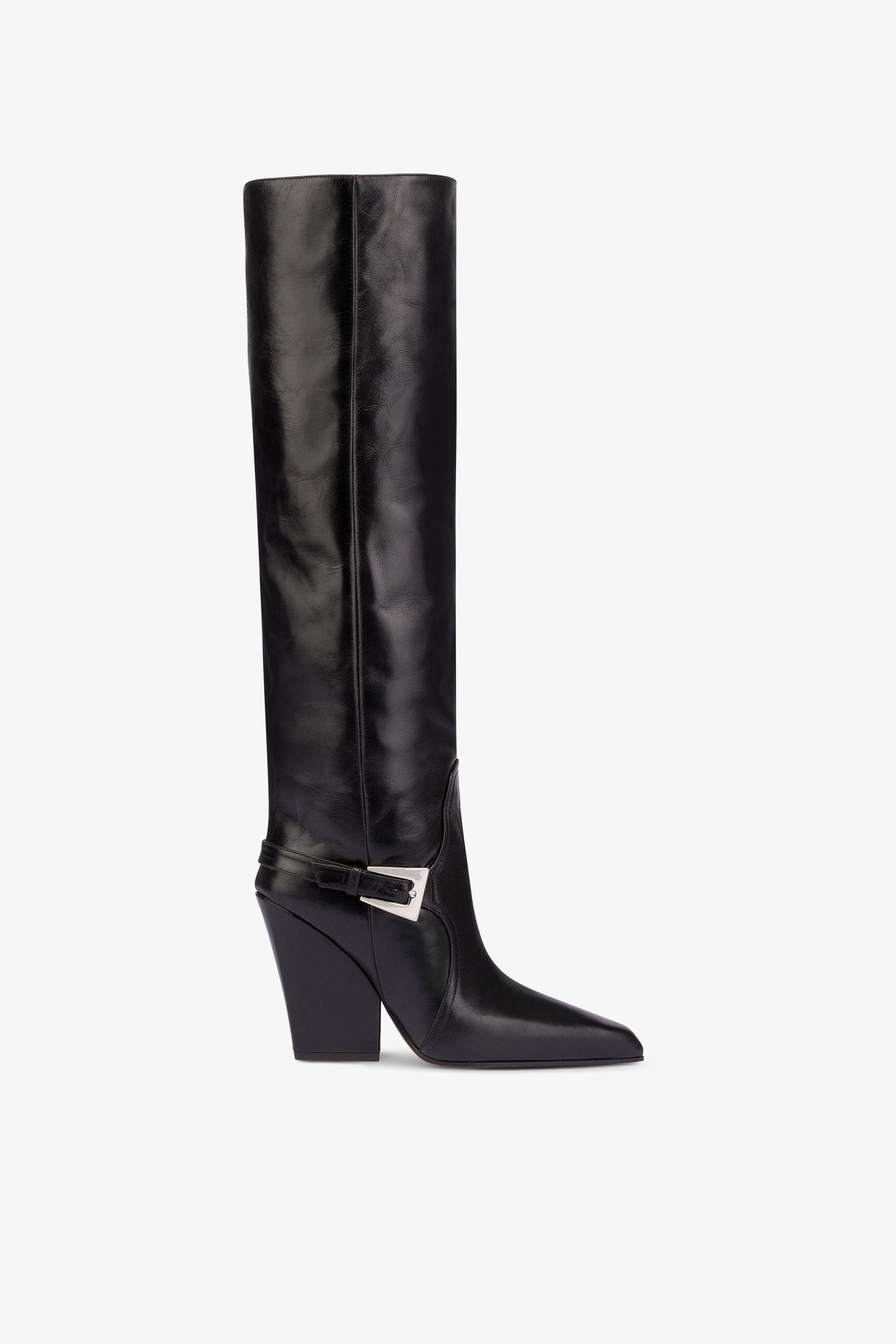 Tall, knee-high boots in shiny black vintage leather