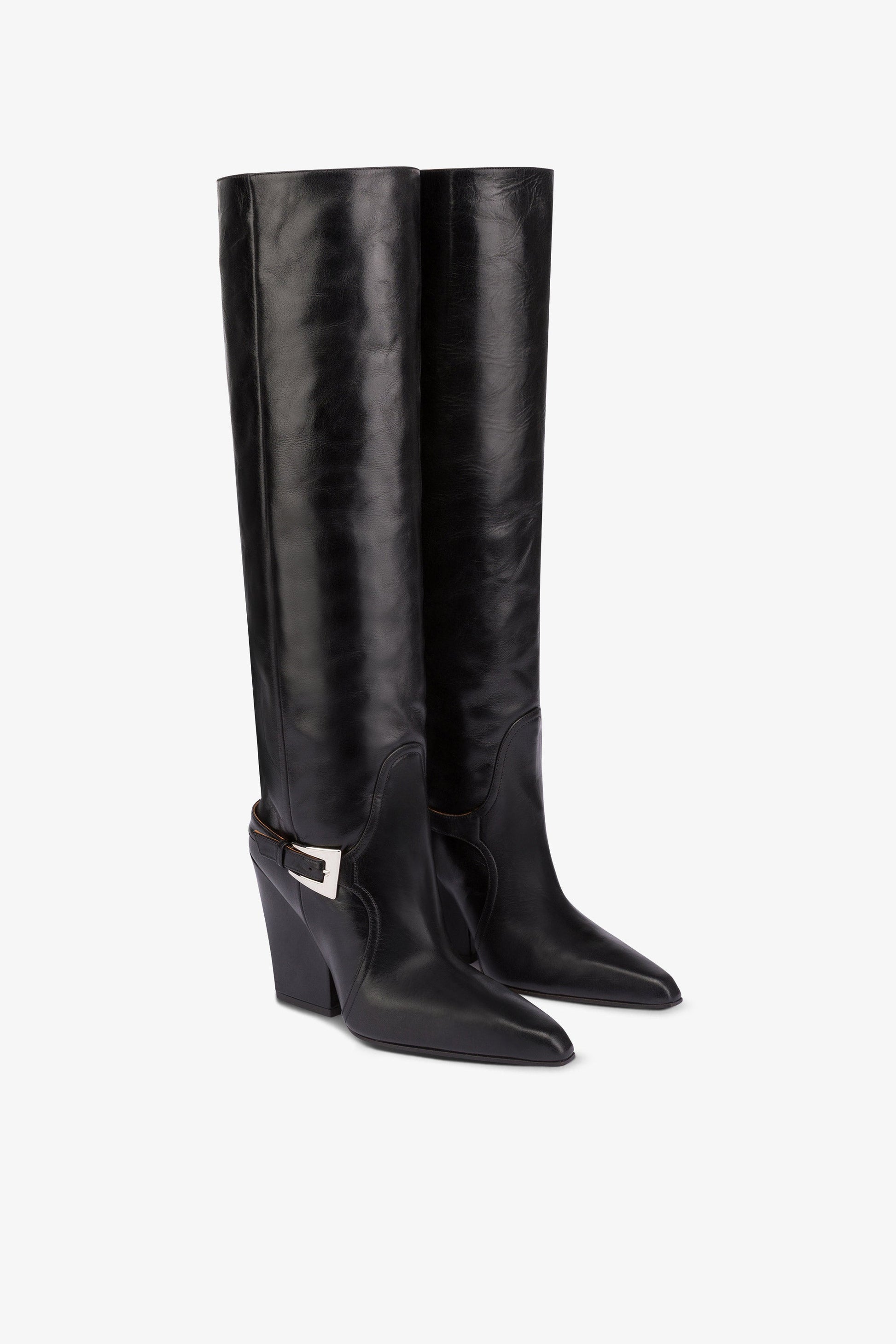 Bottes hautes a hauteur du genou en cuir vintage noir brillant