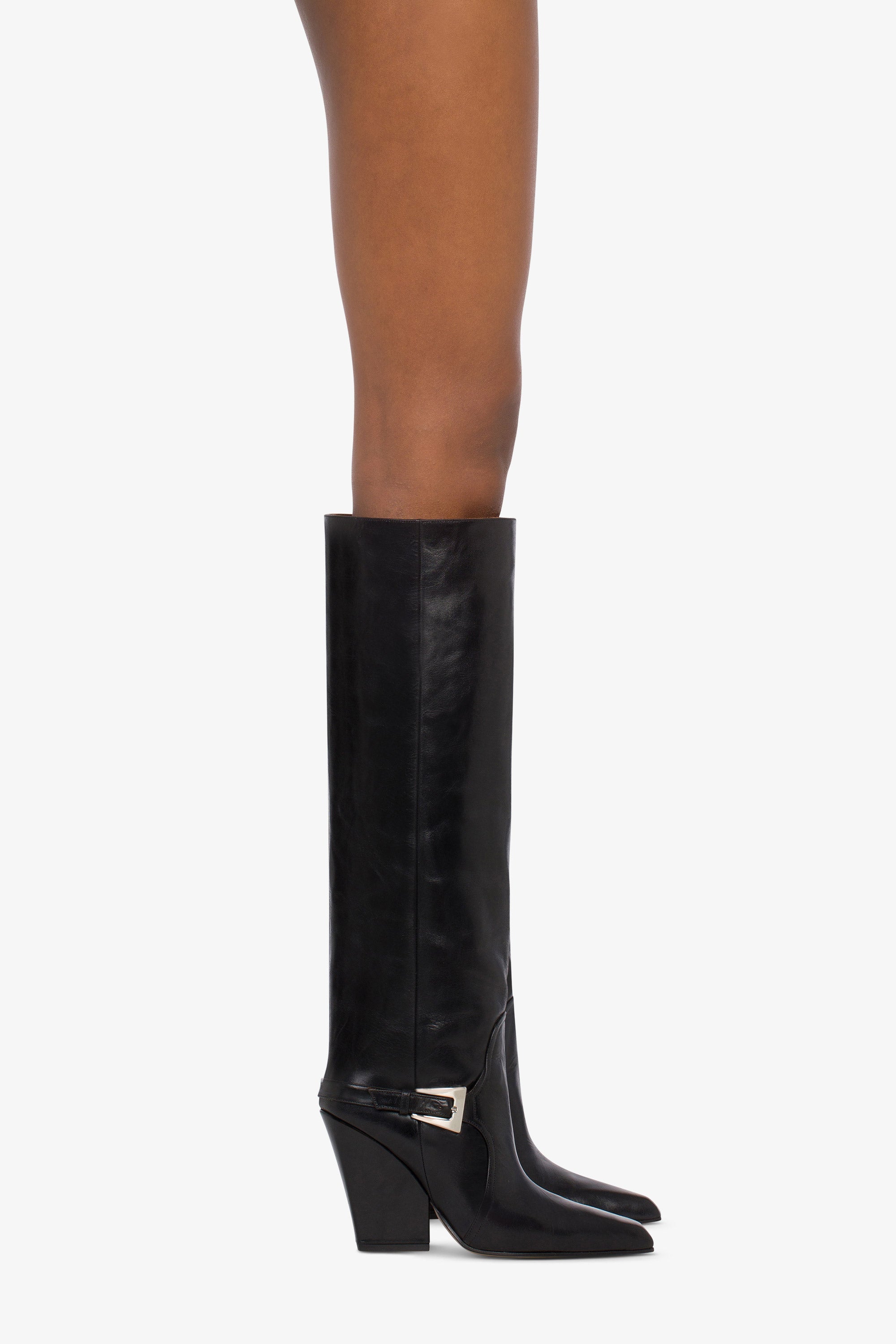 Tall knee high boots in shiny black vintage leather Paris Texas