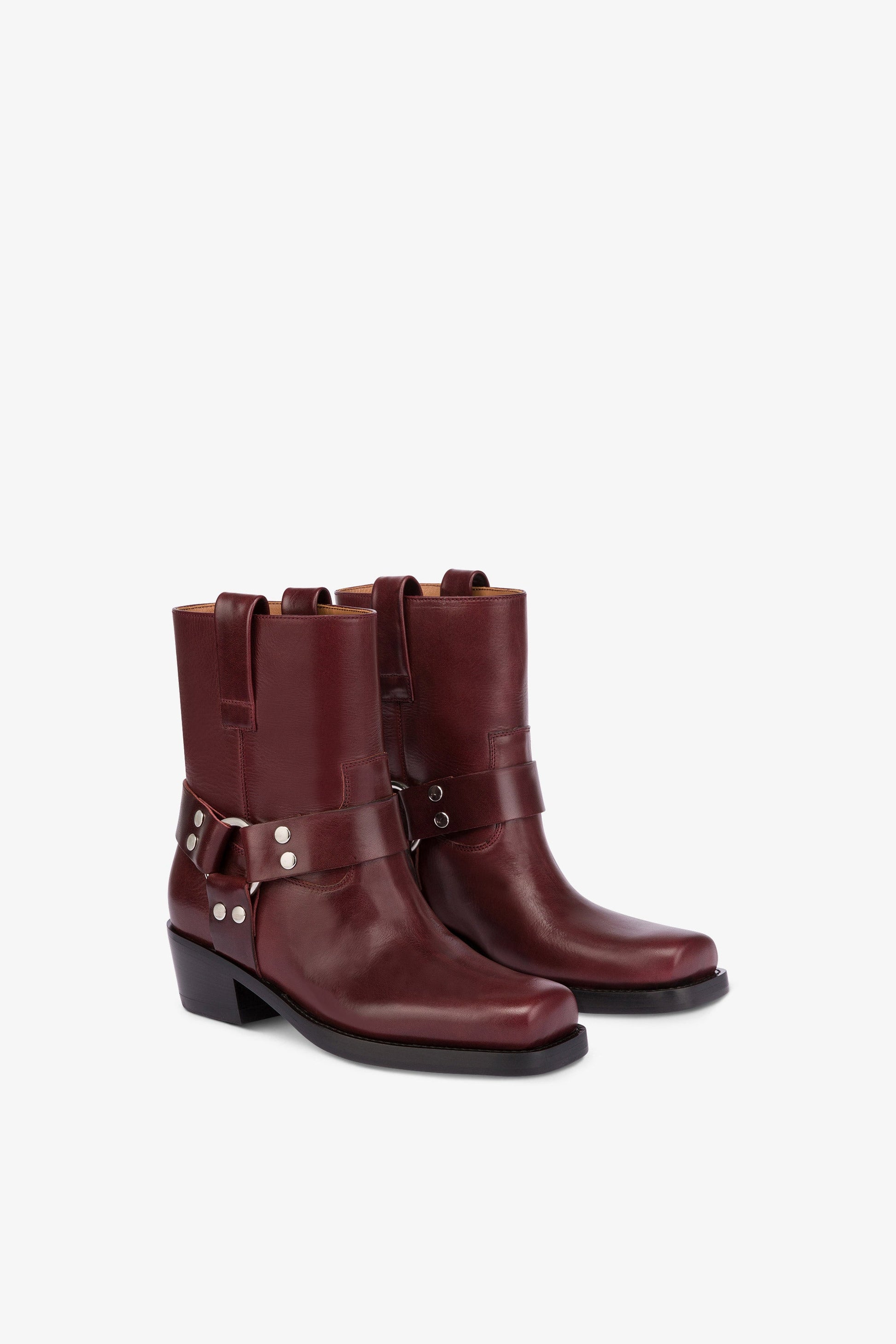 Square-toe ankle boots in soft plum leather