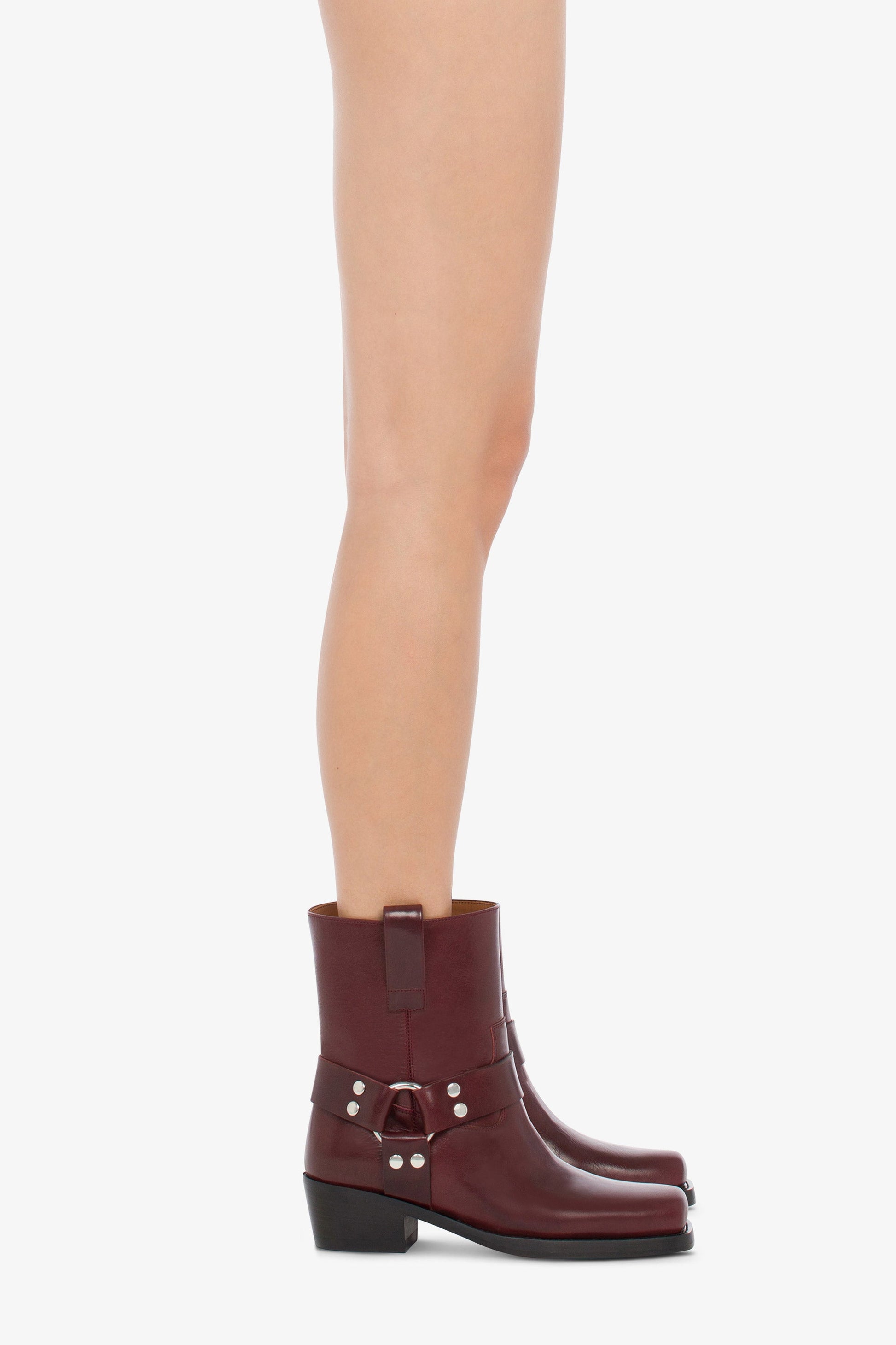 Square-toe ankle boots in soft plum leather - Product worn