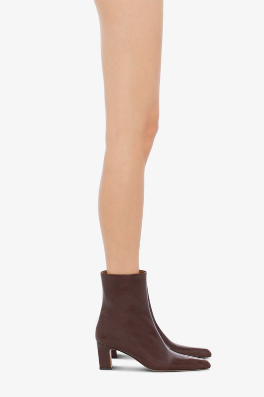 Pointed ankle boots in smooth mocha leather - Product worn