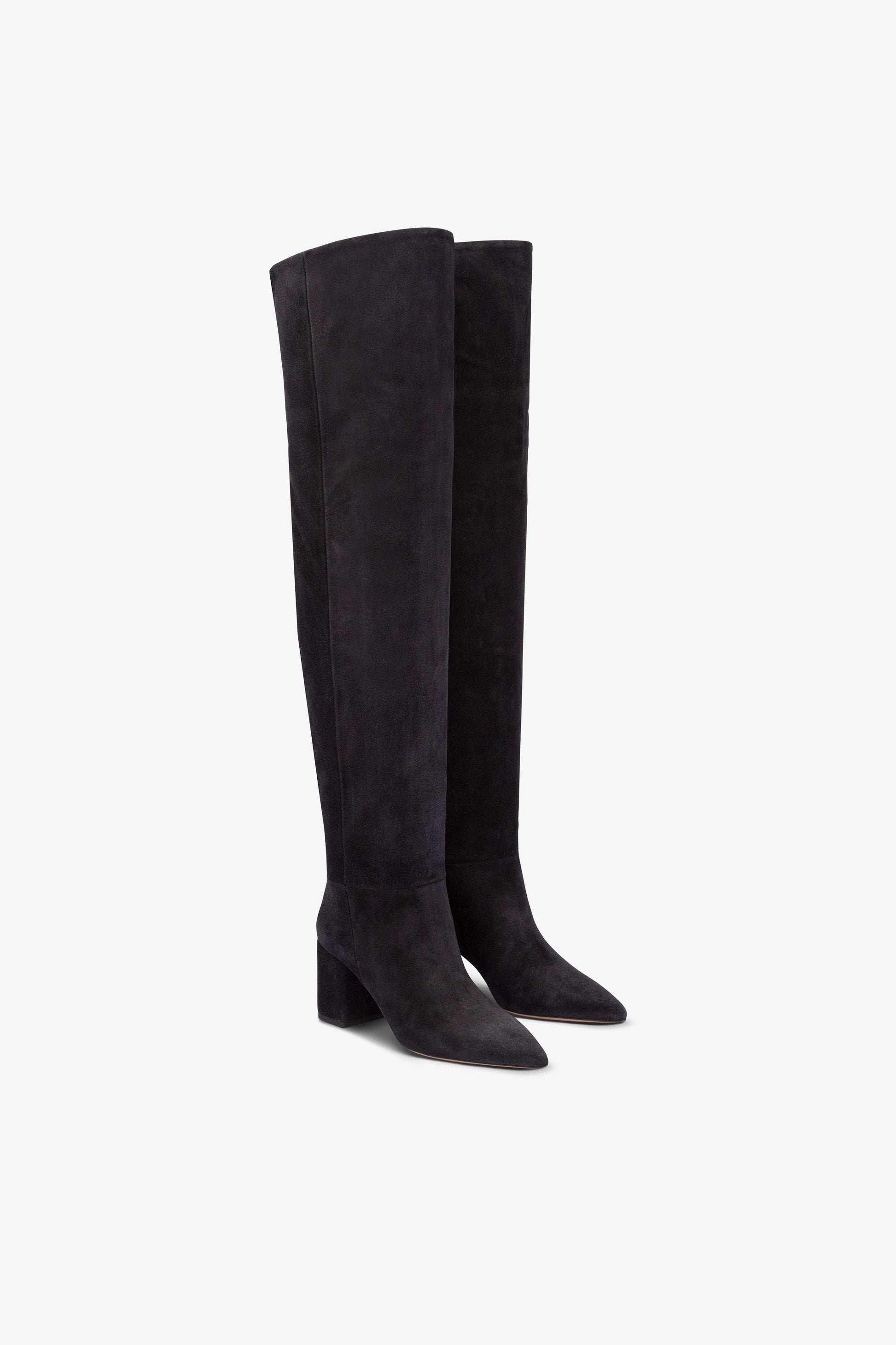 Over-the-knee, long, pointed boots in off-black suede leather