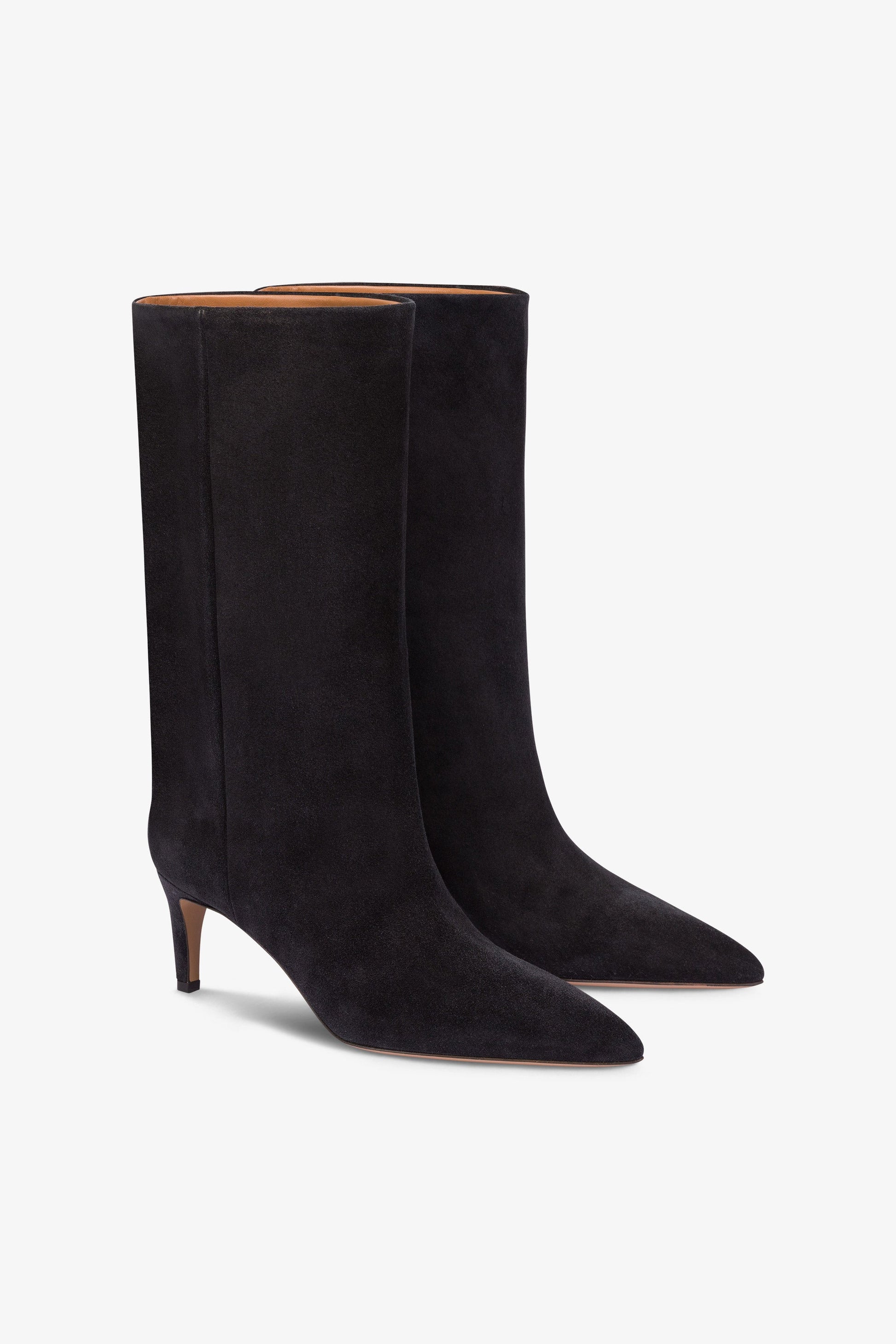 Calf-high boots in smooth off-black suede leather