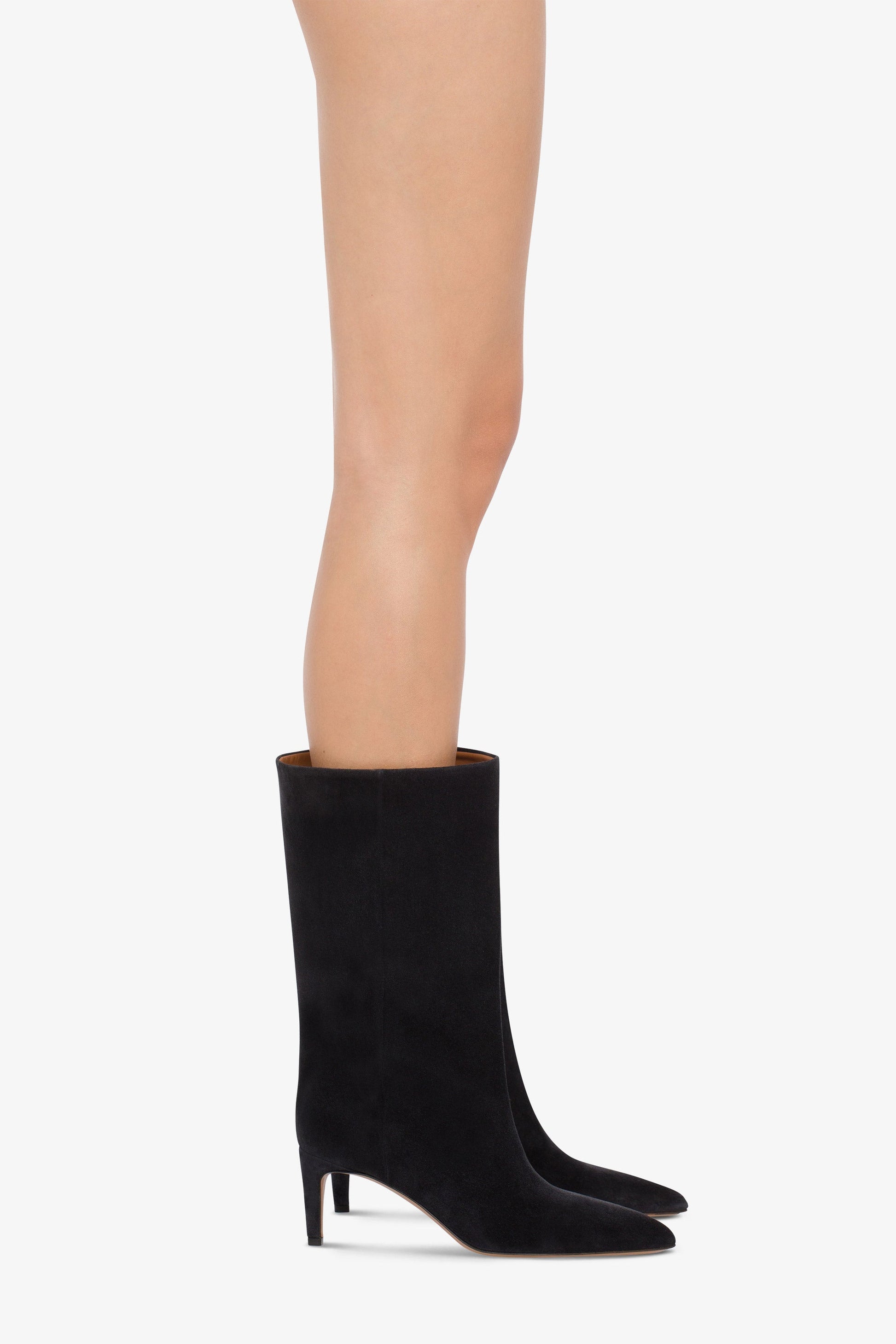 Calf-high boots in smooth off-black suede leather - Product worn