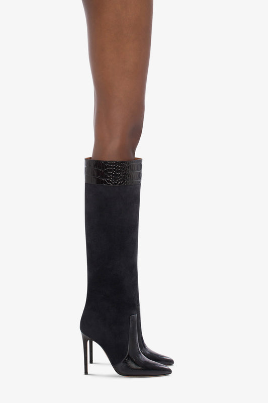 Botas de punta fina en ante negro y negro apagado y piel suave efecto cocodrilo - Producto usado