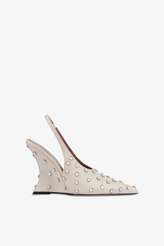 Slingbacks in milk white leather and crystals